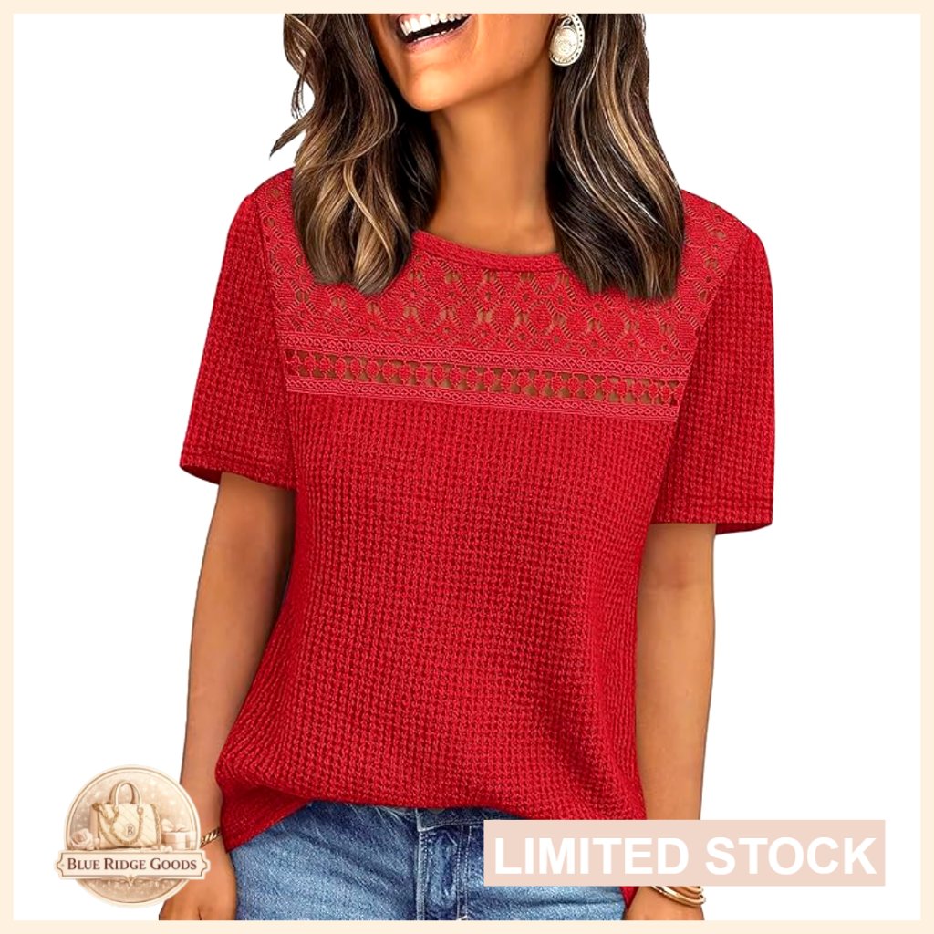 Boho Crochet Lace Waffle Knit Top Elegant Casual Short Sleeve Blouse